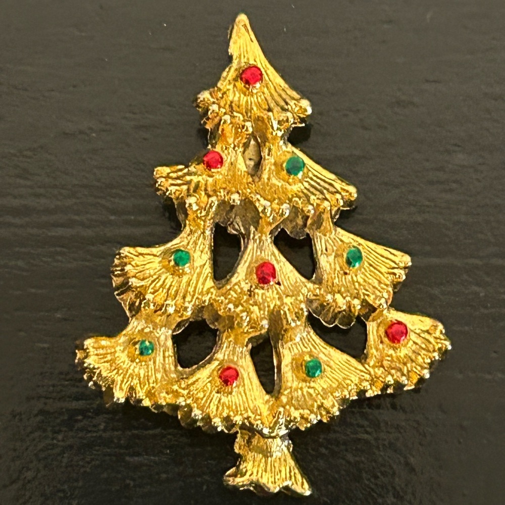 Vintage Eisenberg Ice‎ Christmas Tree Brooch Gold Tone Pin Red Green Rhinestones